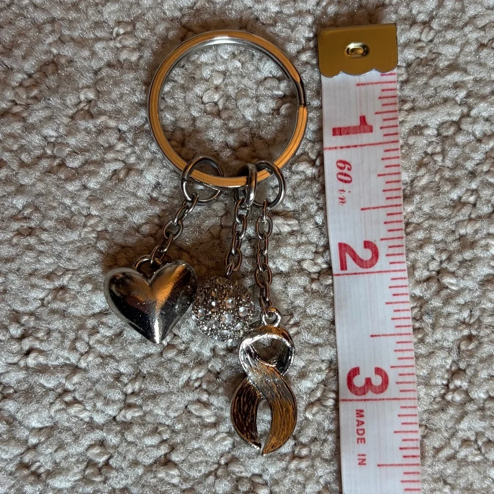 keychain bag charm silver heart, pink ribbon, rhinestone sphere